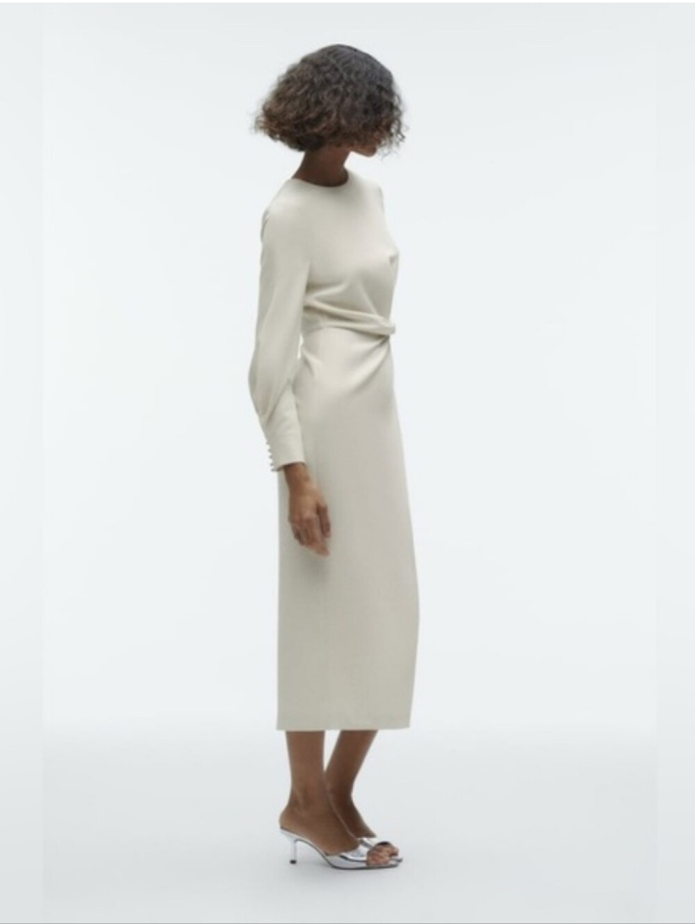 ZARA Long White Cream Long-Sleeve Midi Dress Twisted Waist